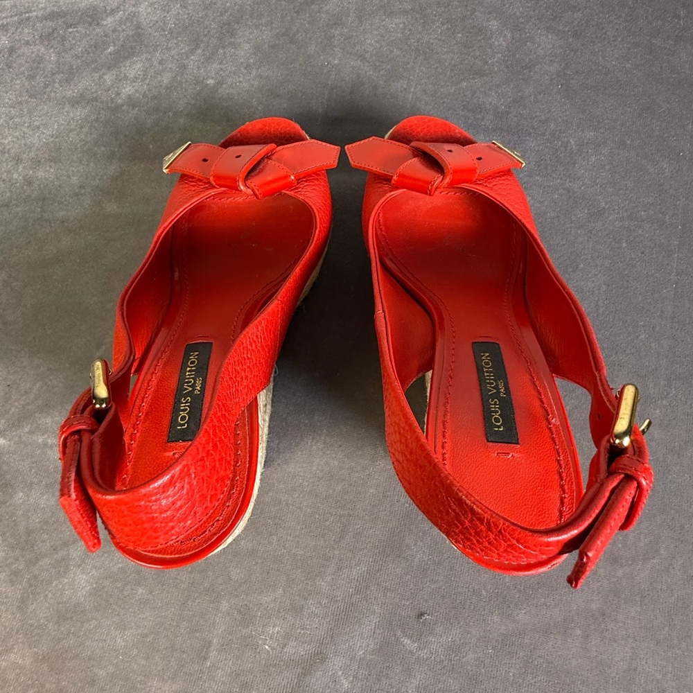 Louis Vuitton red leather wedge heel slingback espadrille sandals open-toe 35 - Picture 7 of 16
